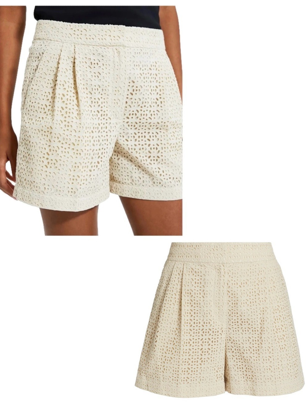 Theory Double Pleated Eyelet Lace Shorts Ecru Cream Cotton Embroidered Size
